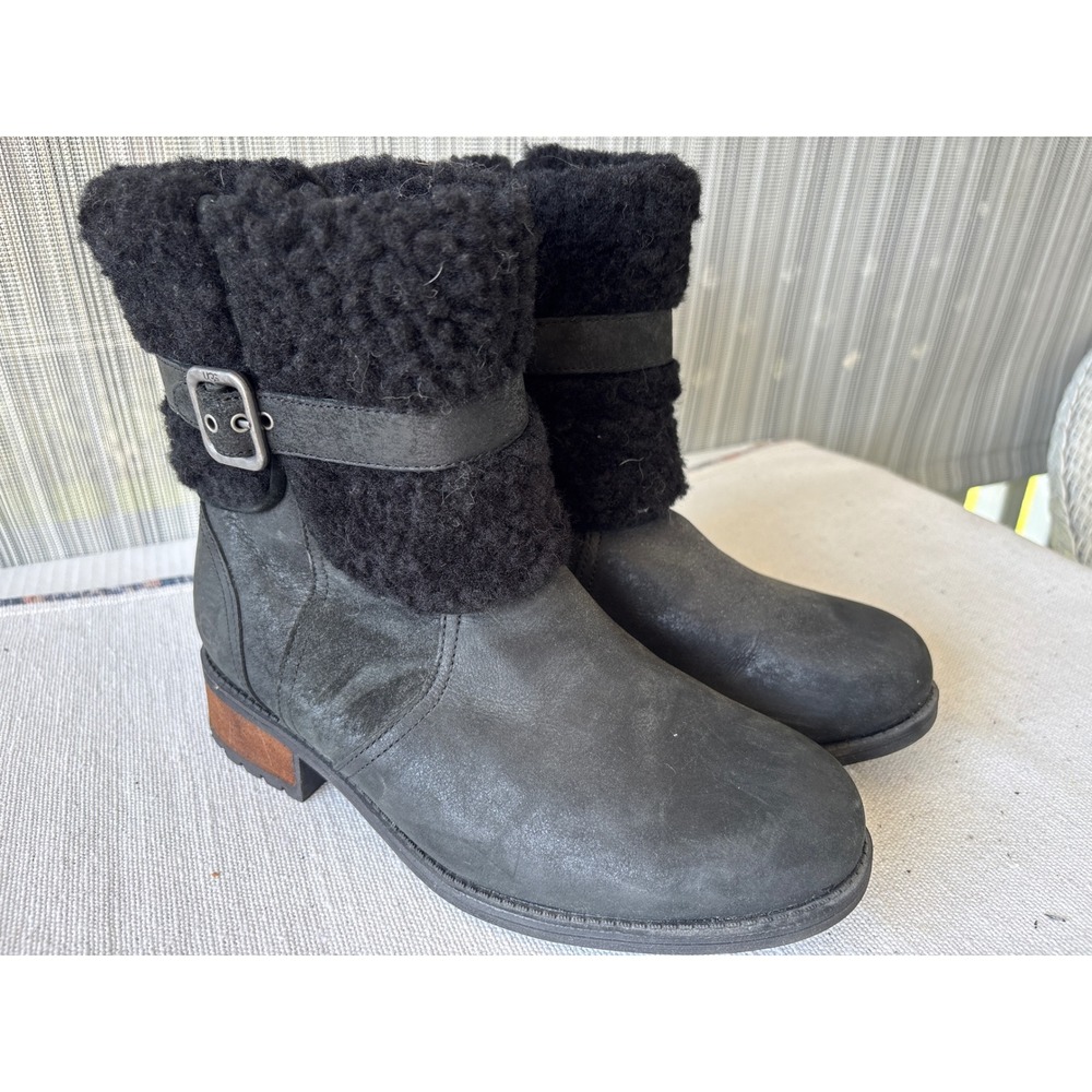 UGG Simmens Black Waterproof Leather Suede Wool Boots 1008220 Womens 8